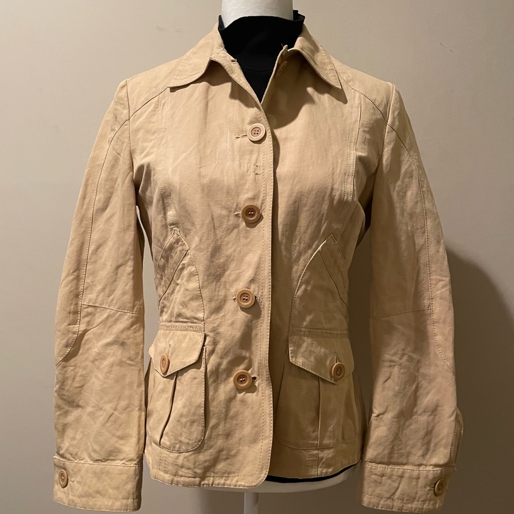 Peserico Made in Italy Cotton Beige Collared Cropped Work Office Button Jacket
